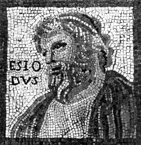 Hesiod, detail of a mosaic by Monnus, 3rd century; in the Rhenish State Museum, Trier, Ger.