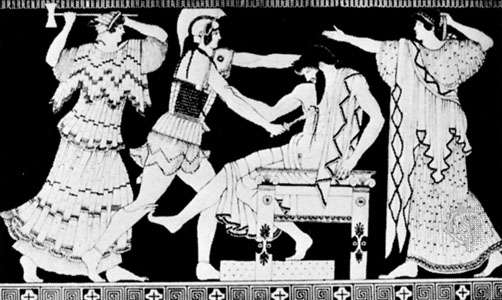 Electra and Orestes killing Aegisthus in the presence of their mother, Clytemnestra; detail of a Greek vase, 5th century bc.